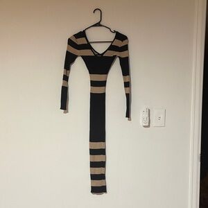 Fashion Nova Black and Tan Striped Long-Sleeve Bodycon Dress